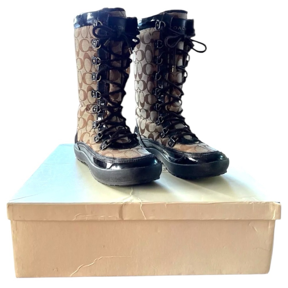 Coach Peggy Khaki and Brown Patent Leather Trim Boots/Shoes Size 8 Worn Once - Picture 6 of 11
